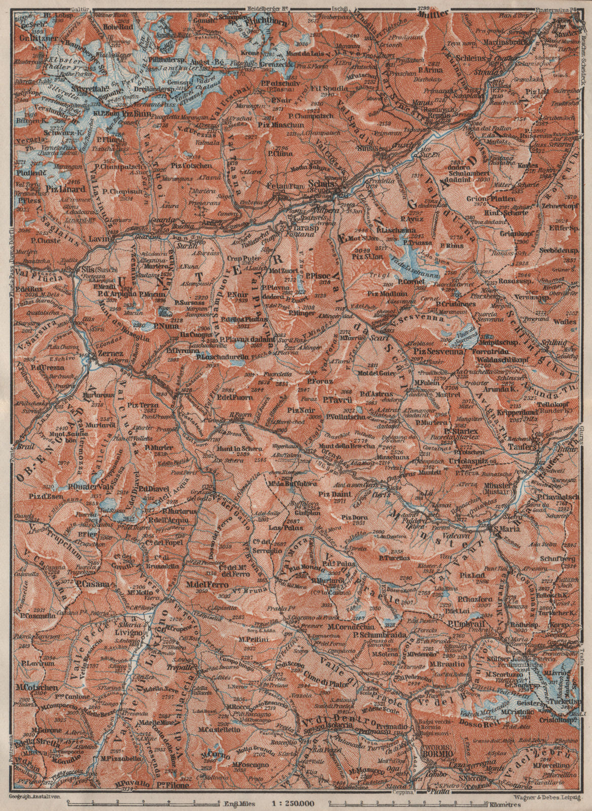 LOWER ENGADINE. Livigno Bormio Ftan Scuol Silvretta Range Piz Buin 1909 map